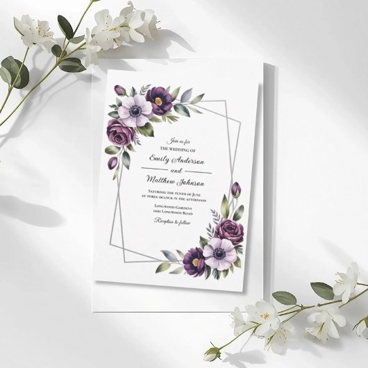 Violet Floral Frame Wedding Invitation Kaart