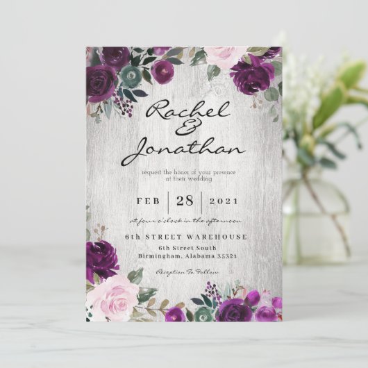 Violet Floral Rustique Faire-part de mariage (Debout devant)