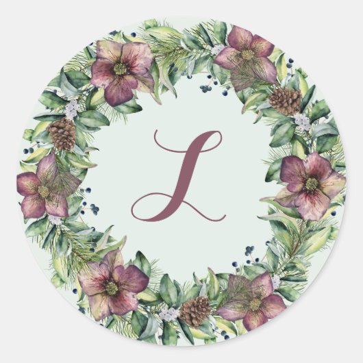 Violet Floral Wreath - Monogram Ronde Sticker (Voorkant)