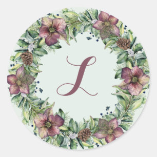 Violet Floral Wreath - Monogram Ronde Sticker