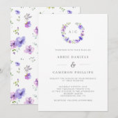 Violet Floral Wreath Monogram Weddenschap Kaart (Voorkant / Achterkant)