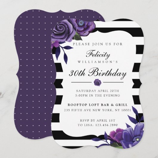 Violet Florals & Black Stripes Birthday Uitnodigin Kaart (Voorkant / Achterkant)