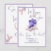 Violet Flowers Bewaar de datum Bruiloft Kaart (Voorkant / Achterkant)