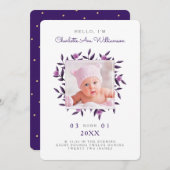 Violet Folial Floral Wreath Faire-part de naissanc (Devant / Derrière)