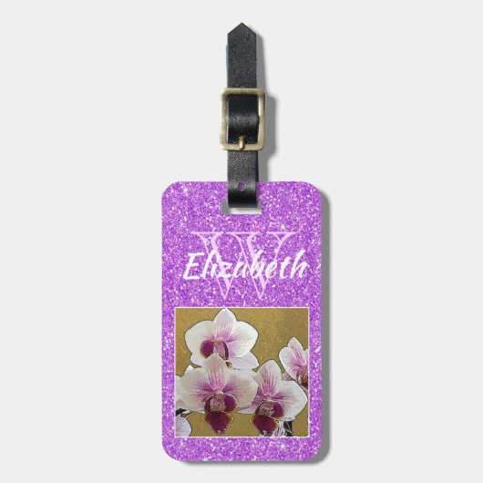 Violet Girly Glitter Initiaal Monogram Aangepaste  Bagagelabel (Voorkant verticaal)