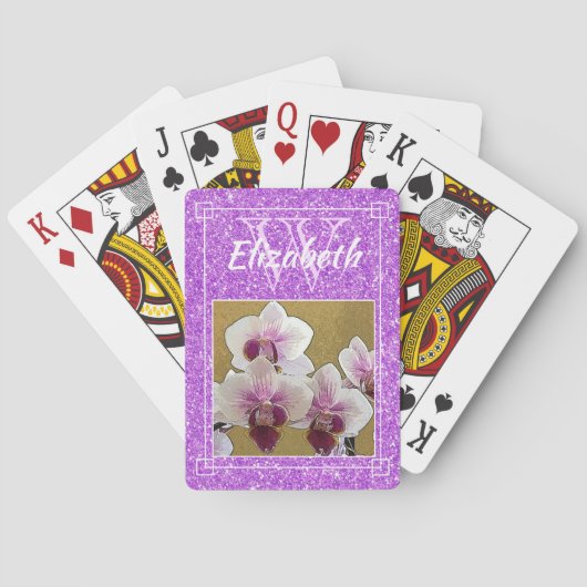 Violet Girly Glitter Initiaal Monogram Aangepaste  Pokerkaarten (Achterkant)
