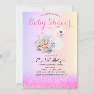 Violet Glitter Bokeh, Swan Flower Baby shower Kaart