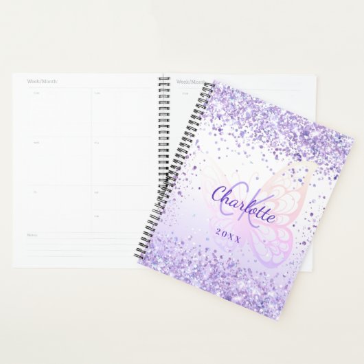 Violet glitter vlindernaam monogrammed 2026 planner (Display)