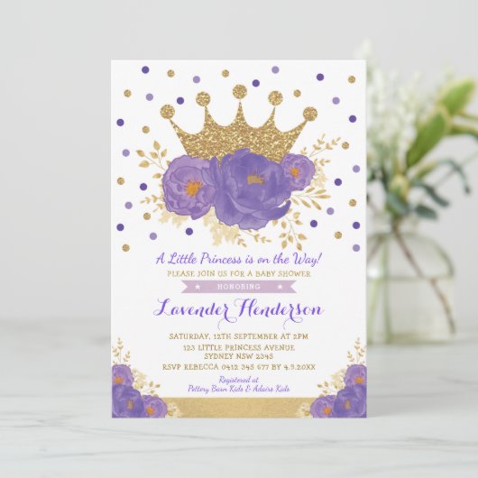 Violet Gold Crown Prinses Floral Girl Baby shower Kaart (Staand voorkant)