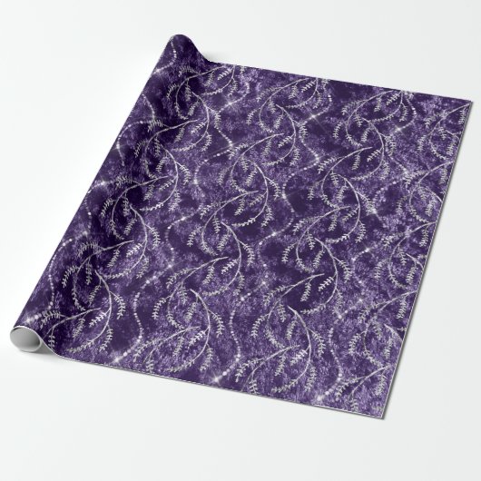 Violet Grape Sparkly Laurel Floral Silver Diamonds Cadeaupapier (Uitgerold)