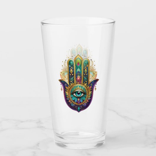 Violet Green Gold Petals Hamsa Turquoise Third Eye Glas (Voorkant)