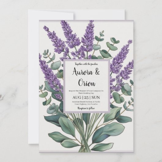 violet lavande et eucalyptus invitations de mariag (Devant)