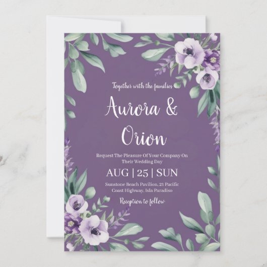 violet lavande et eucalyptus invitations de mariag (Devant)