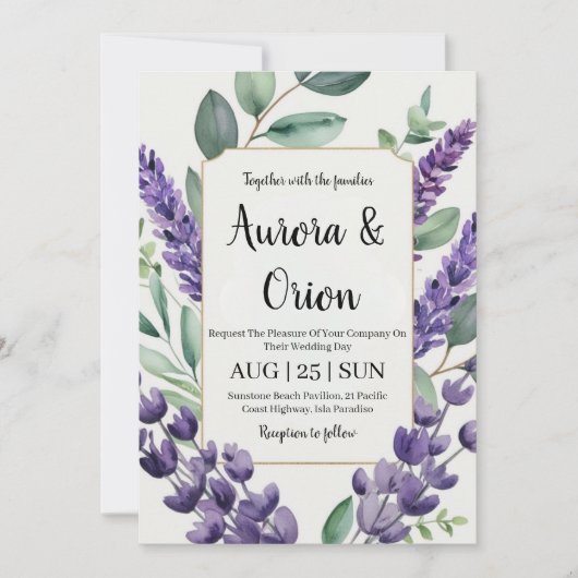 violet lavande et eucalyptus invitations de mariag (Devant)