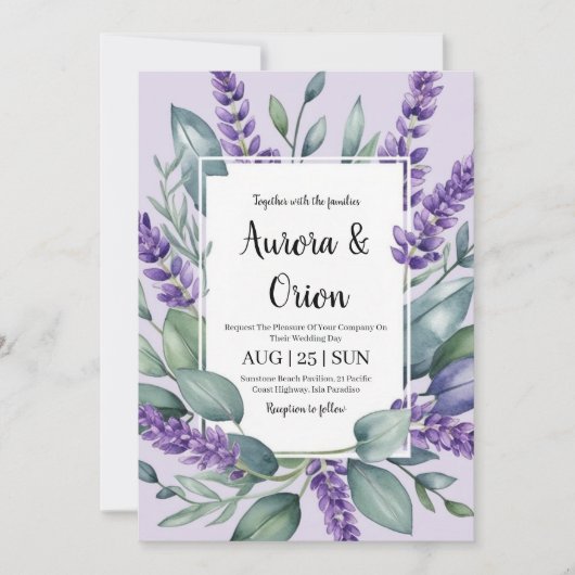 violet lavande et eucalyptus invitations de mariag (Devant)