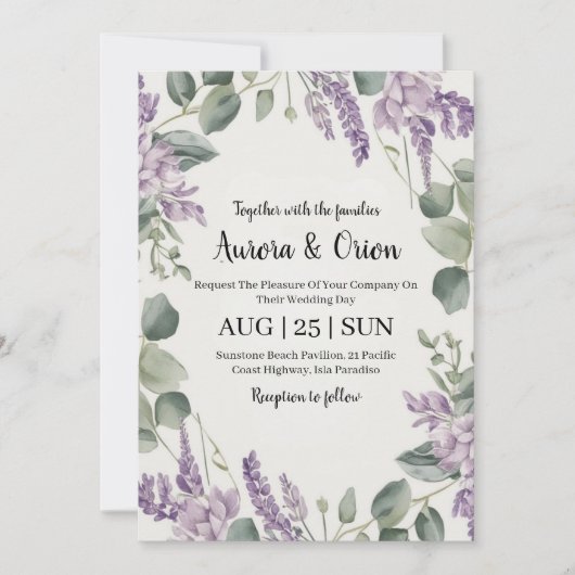 violet lavande et eucalyptus invitations de mariag (Devant)