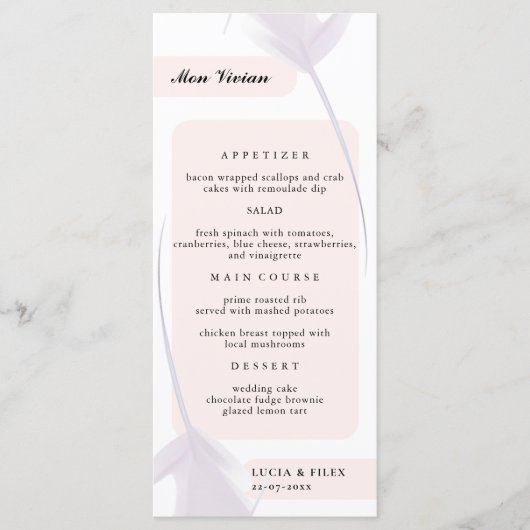 Violet Lavendel & Peach Kleur Gast Naam Diner Menu (Voorkant)