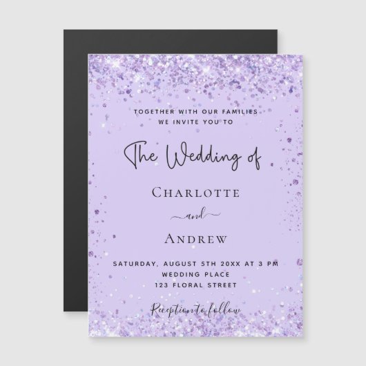 Violet lavender confetti script luxe bruiloft magnetische uitnodiging (Voorkant / Achterkant)