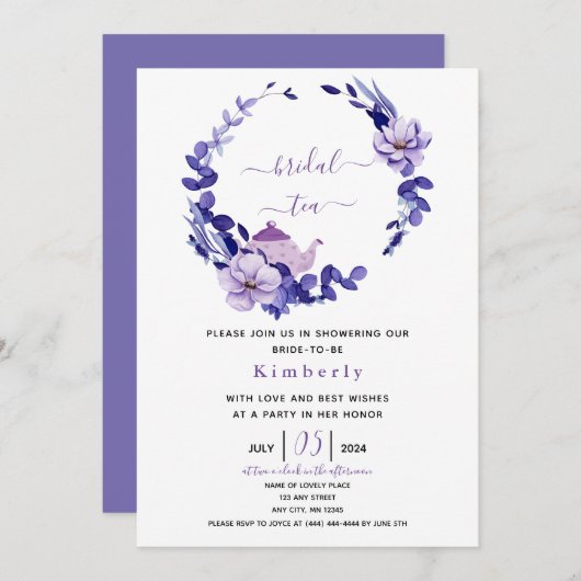 Violet & Lavender Floral Bridal Tea Kaart (Voorkant / Achterkant)