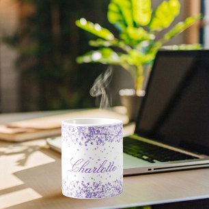 Violet lavender glitter substance white name scrip koffiemok