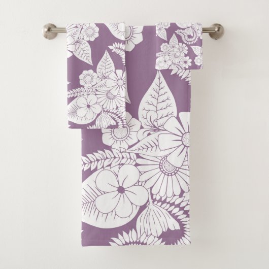 Violet Lila Paars en witte bloemen en bladeren Bad Handdoek (Insitu)