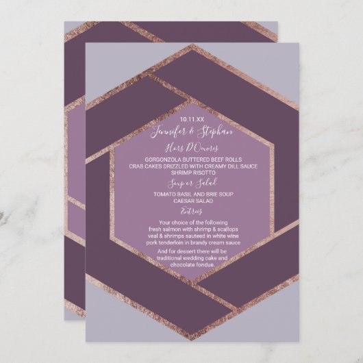 Violet Lilac violet Rose or Hexagon Mariage Menu (Devant / Derrière)