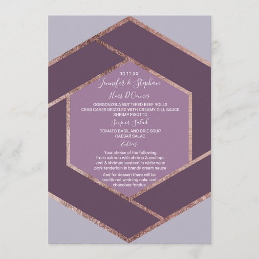 Violet Lilac violet Rose or Hexagon Mariage Menu (Devant)