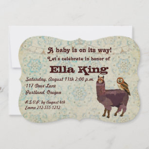 Violet Llama & Owl Floral Baby Invitation