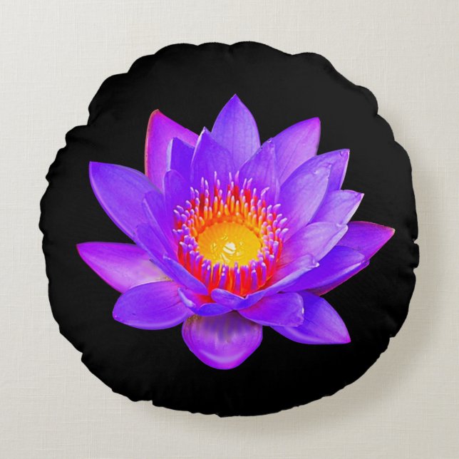 Violet Lotus Flower on Black Rond Kussen (Voorkant)