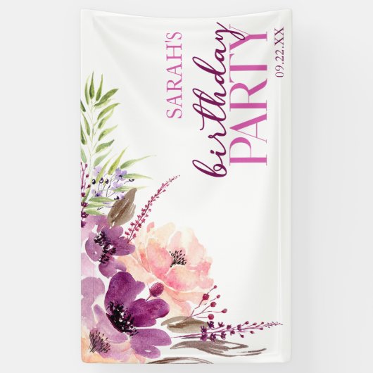 Violet Magenta Paarse Bloemen Verjaardagsfeest Spandoek (Verticaal)