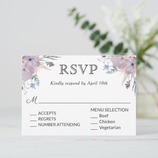 Violet Meadow Bruiloft RSVP met Menukeuzes (Staand voorkant)