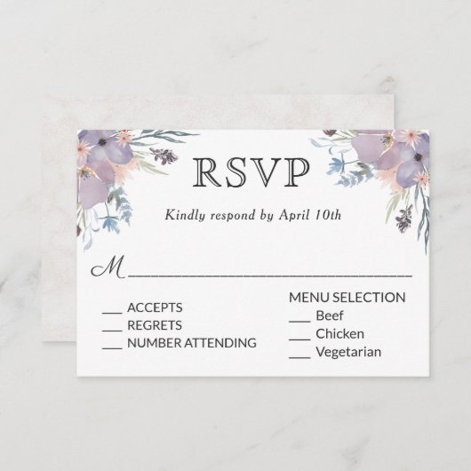 Violet Meadow Bruiloft RSVP met Menukeuzes (Voorkant / Achterkant)