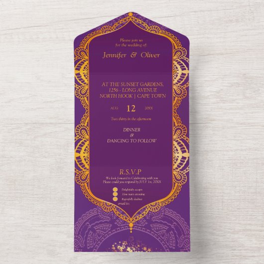 Violet met Gold Mandalas All In One Uitnodiging (Binnen)