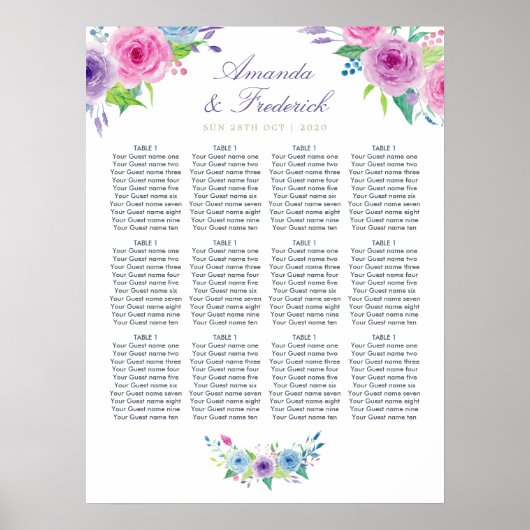 Violet Mix Waterverf Floral Wedding Seating Chart Poster (Voorkant)