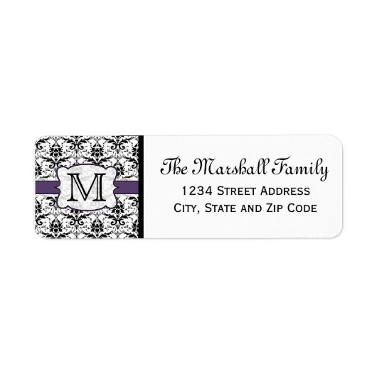 (Violet) Monogramme Damas Étiquettes d'adresse de  (Devant)