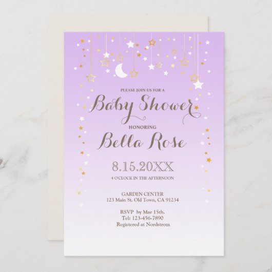 Violet Moon Star fille Invitation Baby shower (Devant / Derrière)