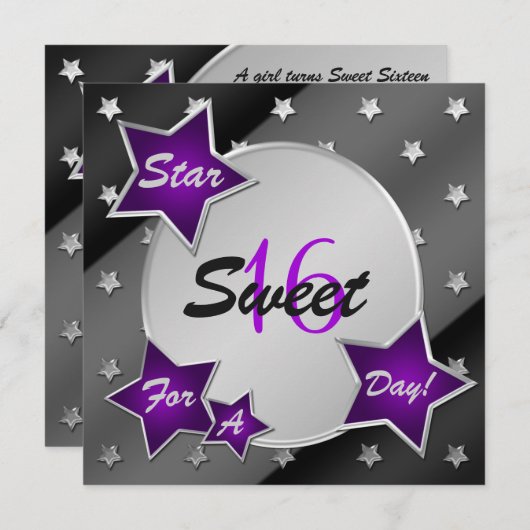 Violet, Noir, Argent Étoiles Sweet 16 Invitation (Devant / Derrière)