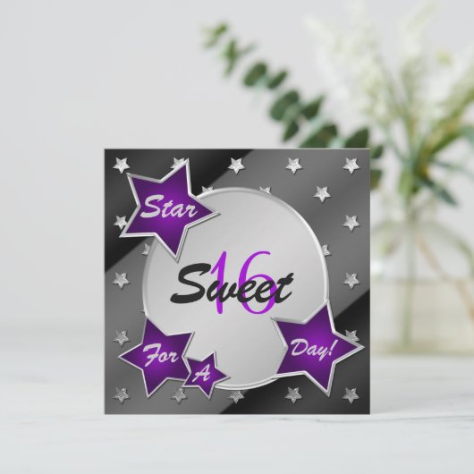 Violet, Noir, Argent Étoiles Sweet 16 Invitation (Debout devant)