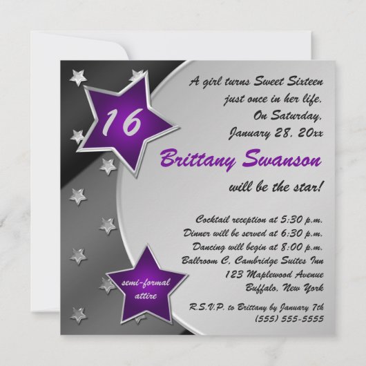 Violet, Noir, Argent Étoiles Sweet 16 Invitation (Dos)