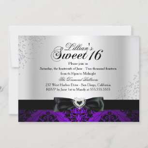 Violet noir Damas étincelant doux 16 Invitation