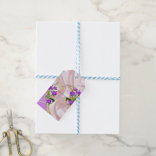 Violet Paars-Aquarel Rozen op Roze Zijde Cadeaulabel (Met Touw)