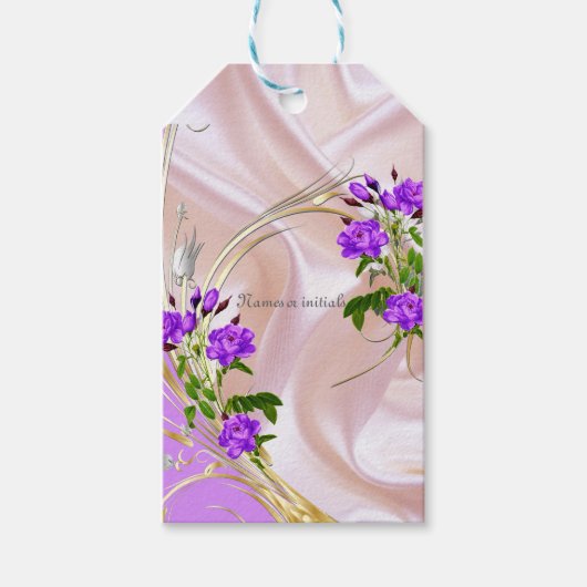 Violet Paars-Aquarel Rozen op Roze Zijde Cadeaulabel (Voorkant)