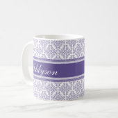 Violet Paars Damask Patroon - Aangepaste naam Koffiemok (Voorkant links)