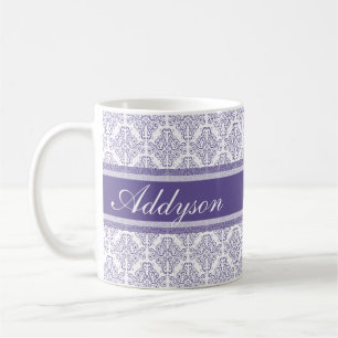 Violet Paars Damask Patroon - Aangepaste naam Koffiemok