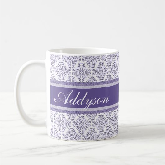Violet Paars Damask Patroon - Aangepaste naam Koffiemok (Links)