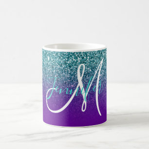 Violet Paars en Blauwgroen Ombre Glitter Monogramm Koffiemok