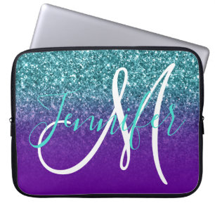 Violet Paars en Blauwgroen Ombre Glitter Monogramm Laptop Sleeve