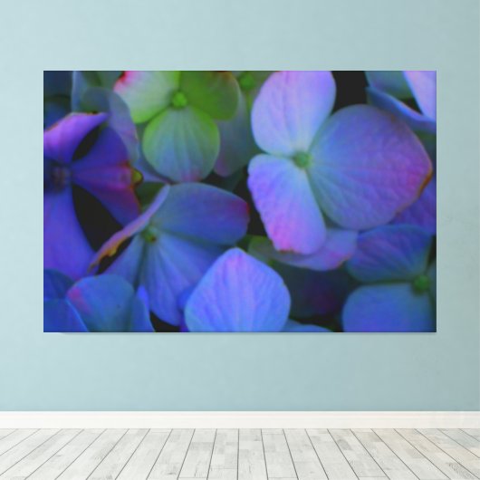 Violet paars roze blauw Hydrangeenbloemen Canvas Afdruk (Insitu (Houten vloer))