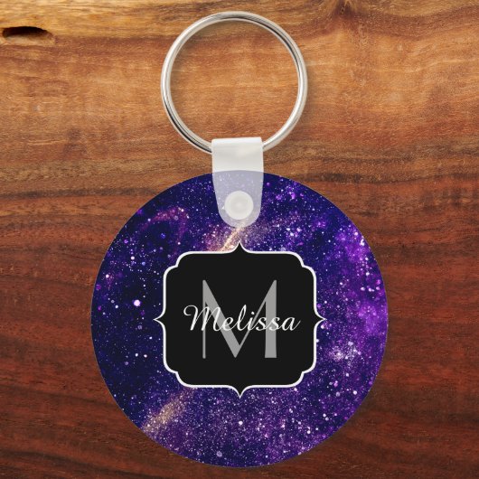 Violet paarse abstracte galaxy Custom Monogram Sleutelhanger (Voorkant)