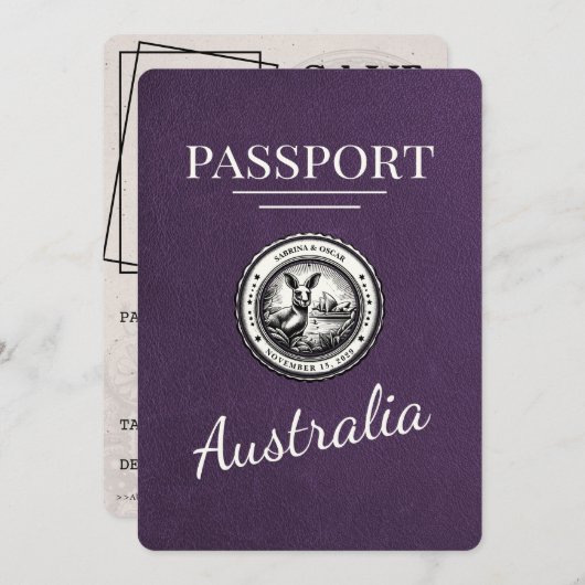 Violet Paarse Australië Paspoort Bewaar de datum Save The Date (Voorkant / Achterkant)